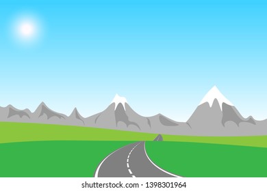 Summer traveling concept. Landscape with road to village. Way through country fields. Nature, mountains, hills and sunlight. Template adventure and wanderlust.