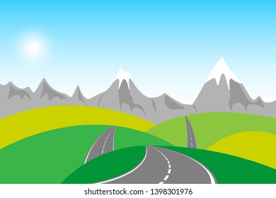 Summer traveling concept. Way through country fields. Landscape with road to village. Nature, mountains, hills and sunlight. Template adventure and wanderlust.