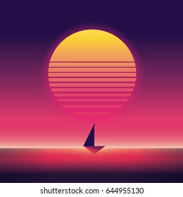 Summer traveling and holiday vector poster with yacht sailing in sunset. 80s neon retro vintage style. Eps10 vector illustration.