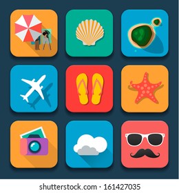 Summer traveling icons set, Fat design trend, vector illustration. 