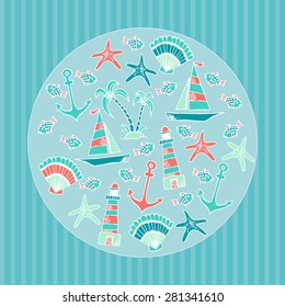 Summer traveling s pattern with hand drawn seashells, starfish, lighthouse, boat, palm trees and fish