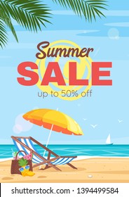 Summer traveling sale flyer vector template. Touring agency seasonal discounts advertising poster. Holiday vacation half price deal. Beach accessories special offers web banner. Tropical paradise 