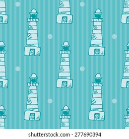 Summer traveling seamless pattern with hand drawn lighthouses 