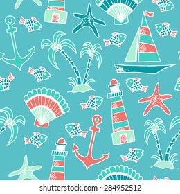 Summer traveling seamless pattern with hand drawn seashells, starfish, lighthouse, boat, palm trees and fish