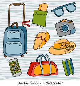 Summer traveling set with suitcase, passport, sunglasses, smart phone, hat, camera and bag on the blue background with stripes.