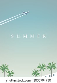 Summer traveling vector poster template with airplane flying over palm trees. Eps10 vector illustration.