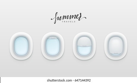 Summer travels design banners. Realistic portholes of airplane. White window aircraft vector illustration