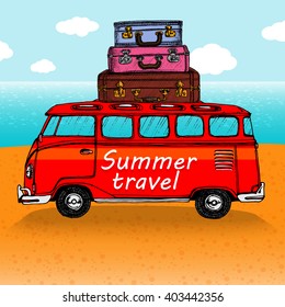 Summer travel.Vintage classic Camper Van.Suitcases car