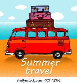 Summer travel.Vintage classic Camper Van.Suitcases car