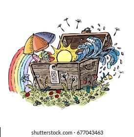 Summer Treasure: Sun, Ocean waves, Ice Cream, Beach Umbrella, Rainbow, Flowers, Strawberries in Wooden Chest. 