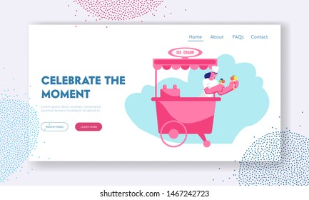 Summer Treat Website Landing Page, Sales Woman Holding Ice Cream Waffle Cones with Colored Balls Dessert in Hand at Stall on Street or Park, Weekend Web Page. Cartoon Flat Vector Illustration, Banner