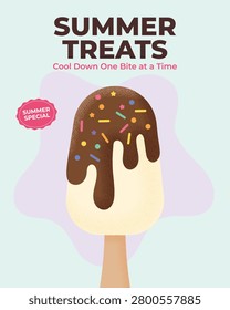 Summer Treats Popsicle Poster Vector with Chocolate Coating and Colorful Sprinkles