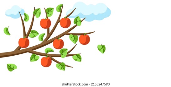 Summer tree branch with apples and leaves. Seasonal illustration.