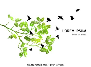 Summer tree branch with fresh green leaves and Flying birds. Vector illustration