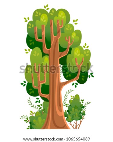 Summer tree and bushes in cartoon style. Green spaces. Vector illustration isolated on white background. Web site page and mobile app design.
