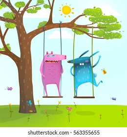 Summer tree friends animals monsters cute and funny swinging kids cartoon. Colorful happy childish monsters creatures playing under the tree on the lawn. Vector illustration.