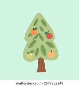 Summer tree full of green leaves and colorful fruits. Represents warm weather, harvest, and nature. Great for learning materials, posters, or summer-themed graphics.
