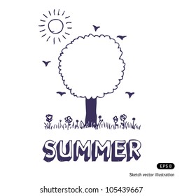 Summer tree. Hand drawn sketch illustration isolated on white background