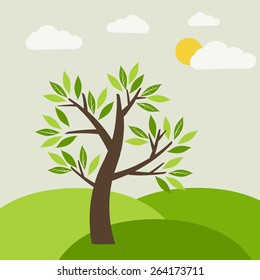 Summer tree landscape hill at green meadow