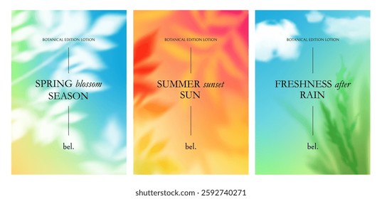 Summer Tree Leaves on a Gradient Background. Abstract Vector Posters with Plant Branches. Springs, Summers and Autumns Patterns with Floral Shadows