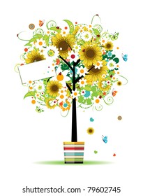 Summer tree in the pot with card for your design