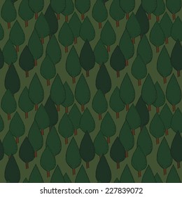 Summer tree seamless vector pattern. Dense green hand drawn forest. Background repeat texture