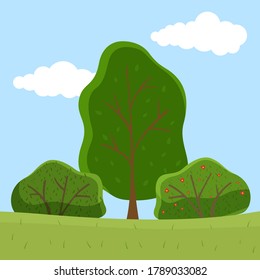 Árboles de verano y colecta floreciente de arbustos, arbustos en el campo, hierba verde, cielo con fondo de nubes, hermosa vista en el paisaje con plantas, día a día, nadie, concepto de medio ambiente, estilo de dibujos animados