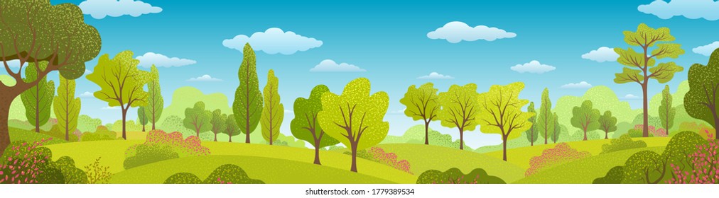 Summer trees, bush and grass against a cloud filled sky. Background with. Green forest plants in a country landscape. Nature web-banner.