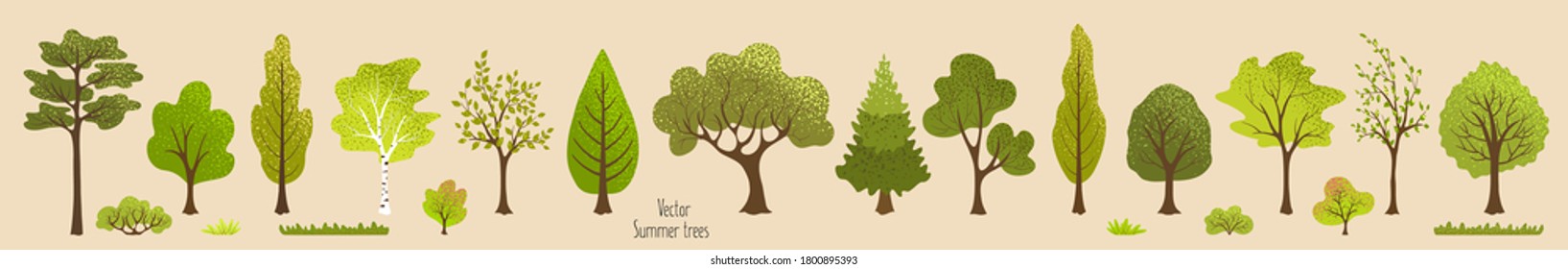 Sommerbäume, Busch, Gras. Satz grüner Pflanzen. Vektorelemente für flaches Design. Natürliche Landschaft für Hintergrund, Web-Banner. Natur und Umwelt.