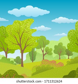 Summer trees, bush, grass, sky, clouds. Background with Green plants. Forest Landscape. Nature banner