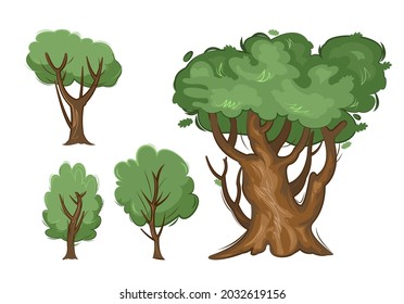 Summer trees and bushes set. Oak. Adult and young green plants. Objects are isolated on a white background. Beautiful thin and graceful. Flat style. Cartoon design. Vector.