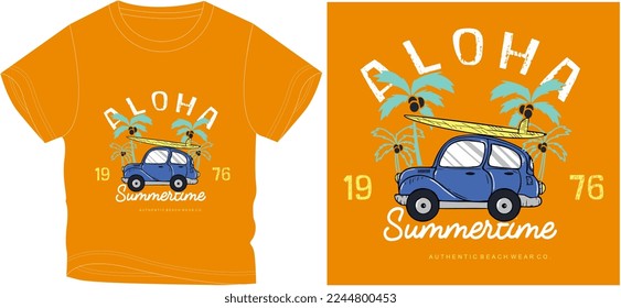 summer trees with car. t shirt graphic design vector illustration \