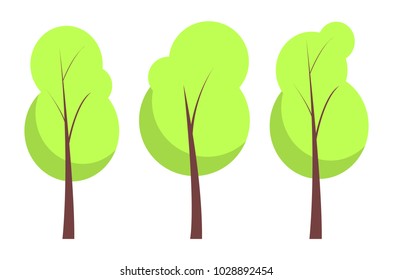Summer trees collection, poster with trees of green color nature and vital plant on Earth, decoration in city and town vector illustration isolated on