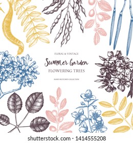 Summer trees frame design. Hand drawn flowering trees background. Vintage Botanical card or invitation template. Garden plant drawings. Vector outlines.