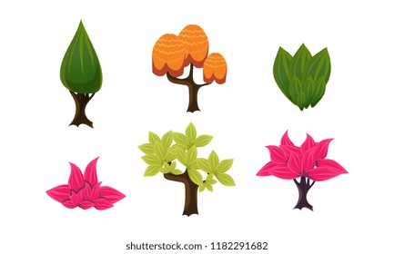 Summer trees set, cute cartoon fantasy plants, user interface assets for mobile apps or video games vector Illustration on a white background