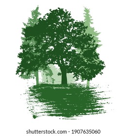 Summer trees and smear brush, logo, badge. Silhouette of beautiful oak and fir trees and bush. Vector illustration.
