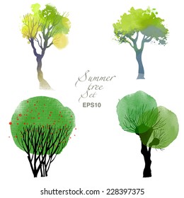Summer trees. Watercolor vector set of trees