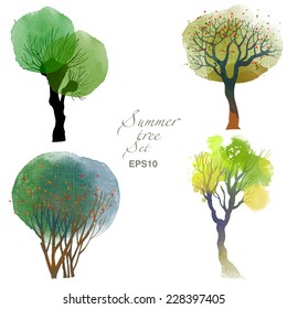 Summer trees. Watercolor vector set of trees