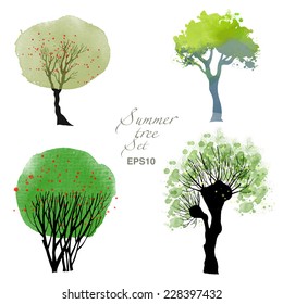 Summer trees. Watercolor vector set of trees