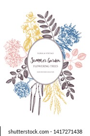 Summer trees wreath design. Hand drawn flowering trees - jojoba, pagoda tree, jasmine, coffeeberry, black locust, pau d'arco background. Vintage Botanical card or invitation template. Vector outlines.