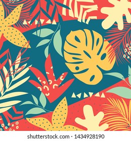 Summer trend abstract background with bright tropical leaves and plants on blue background. Vector design. Jungle print. Floral background. Printing and textiles. Exotic tropics. Summer design.