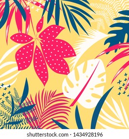 Summer trend abstract background with bright tropical leaves and plants on yellow background. Vector design. Jungle print. Floral background. Printing and textiles. Exotic tropics. Summer design.