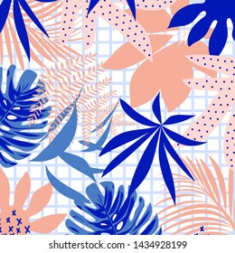 Summer trend abstract background with bright tropical leaves and plants on white background. Vector design. Jungle print. Floral background. Printing and textiles. Exotic tropics. Summer design.