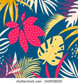 Summer trend abstract background with bright tropical leaves and plants on a dark background. Vector design. Jungle print. Floral background. Printing and textiles. Exotic tropics. Summer design.