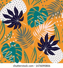 Summer trend abstract seamless pattern with tropical leaves and bright plants on orange background. Print of the jungle. Vector design. On a floral background. Textiles and printing. Exotic, tropical.