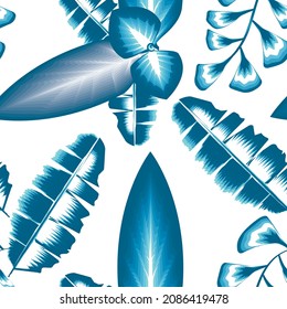 Summer trend seamless background with blue monochromatic tropical leaves and plants foliage on white background. Vector design. Jungle print. Printing and textiles. Exotic tropics. Summer design