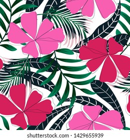 Summer trend seamless background with bright tropical leaves and flowers on white background. Vector design. Jungle print. Floral background. Printing and textiles. Exotic tropics. Summer design.