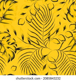 La tendencia veraniega es un fondo sin fisuras con hojas de palma de monstera tropical brillante y vegetación follaje sobre fondo amarillo. Plantilla para impresión, textil, cubierta de papel pintado y diseño de caja. Tropos exóticos. Verano 