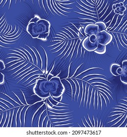 Summer trend seamless background with bright tropical palm leaves and plants on pastel background. Vector design. Jungle print. Floral background. Printing and textiles. Exotic tropics. Summer design