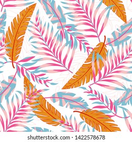 Summer trend seamless pattern with bright tropical leaves and plants on a white background. Vector design. Jung print. Floral background. Printing and textiles.